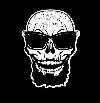 White skull with beard in sunglasses. T-shirt print, design for youth, teenagers.