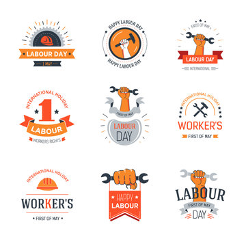 Labour day set of banners with workers and wrenches