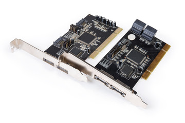Two disk array controller cards for PC on white background