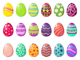 Cartoon colorful easter eggs vector with patterns isolated on white background. Easter egg pattern, different and various oval gifts illustration