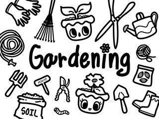 Gardening tools doodle cartoon illustration