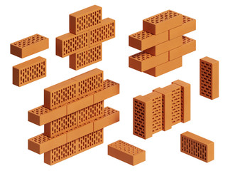 Set of  bricks on a white background. Concept of building the brick wall made of bricks. Isolated on white with clipping path