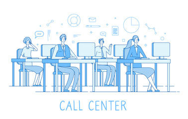 Call center concept. Customer support service helpdesk services call center computers operator supporting client vector line concept. Operator contact helpdesk, phone support illustration - obrazy, fototapety, plakaty