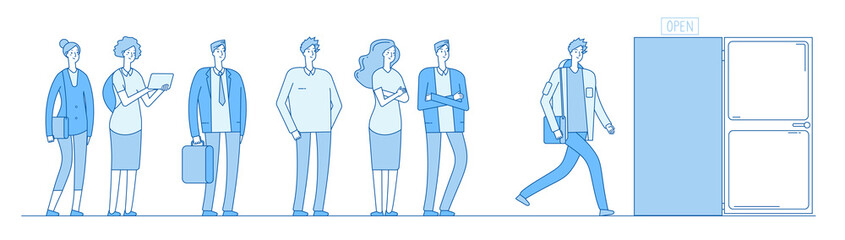 Queue at door. Adult people customers group in casual clothes standing in long line queue outside open door. Vector concept of woman and man turn long illustration
