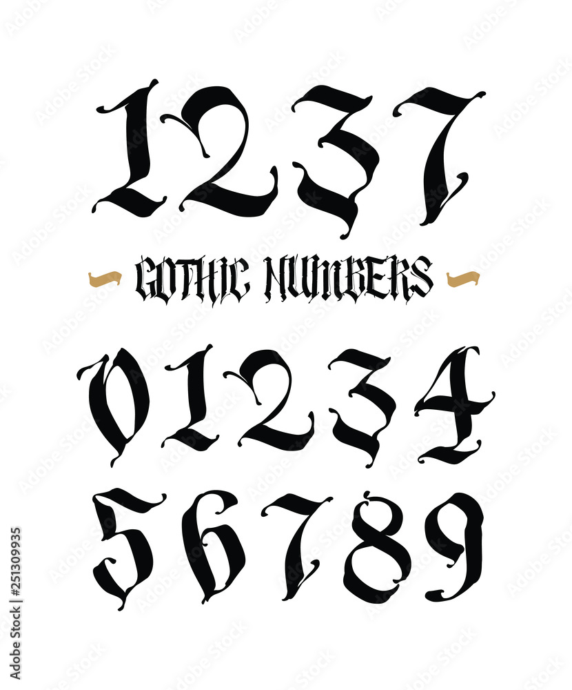 Wall mural Set of gothic numbers. Vector. Handwritten Latin font. Arabic numerals. All characters separately. Medieval style.