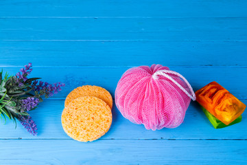 Objects for care of skin: handmade natural soap, a bast, the peeling brush.