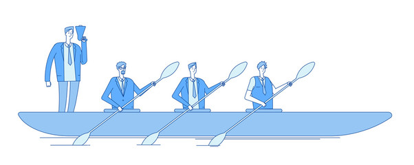 Businessman in boat. Business captain leader people team rowers rowing in waves mission vision teamwork line business vector concept. Illustration of businessman leadership, manager rowing team © MicroOne