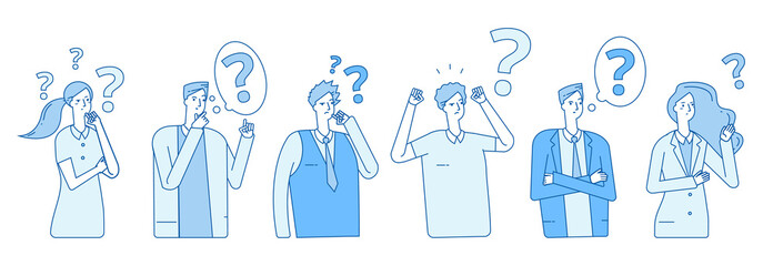 Businessmen searching solution. People hysteria problem panic emotional stress. Persons think with question marks vector concept. Illustration of business solution, businessman stress