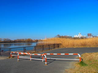 車止めのある早春の江戸川河川敷風景
