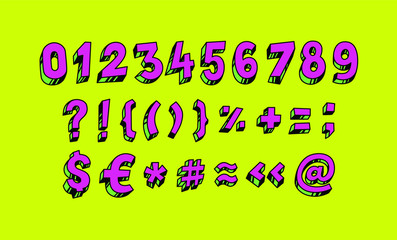 Bright Arabic numerals. Vector. Linear, contour figures. Isometry, 3D. Bulk numbers. Full set of marks and numbers. All signs are separate. Cartoon circus style. Signs of dollar and euro.