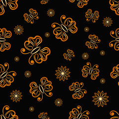 Vector Seamless Golden Butterfly Randomly Pattern Texture.