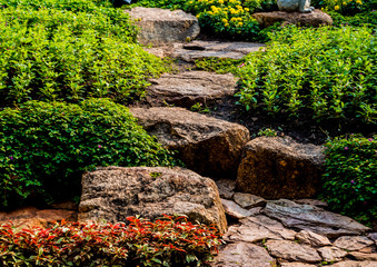 Luxury landscape design of the tropical garden. Beautiful view of tropical landscape