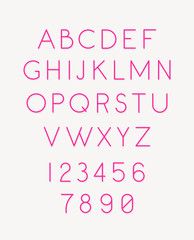 Font set of letters and numbers. Vector. Linear, thin, contour letters. Latin font. Pink glamorous letters. Women's style. All letters are separate. Complete alphabet. Modern style.