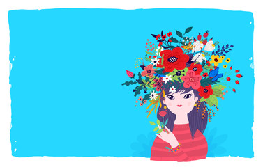 Fototapeta na wymiar Illustration of a spring girl in a wreath of flowers on a blue background. Illustration for banner, greeting card. Picture for March 8 and Mother's Day. Cartoon style. The image of summer and spring.