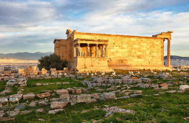 Greece - Ruins of Erechtheion temple in Athens during the sunrise at the Acropolis hill.