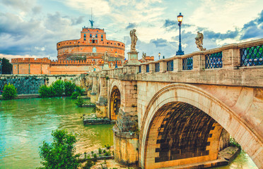 Bridge and Castle Sant Angelo in Rome. Sant Angelo bridge at twilight.