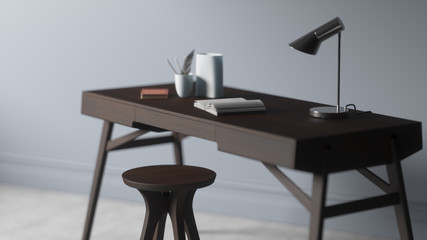 Close up wooden study table on grey wall background. 3d illustration