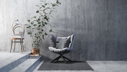 Comfortable armchair near the concrete wall with a large plant. 3d illustration