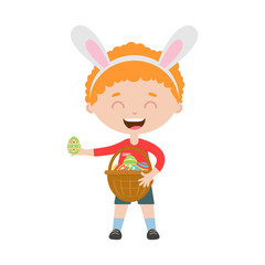 Spring redhead laughing boy with bunny ears stands and holds basket with eggs.Child hunting for easter eggs