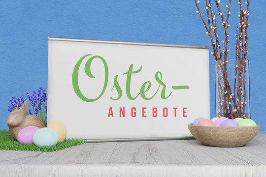 Osterangebote Schild/Werbung. Dekoration mit Banner, Ostereier, Osterhase, Nest und Zweigen.