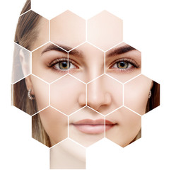 Beautiful female face in honeycombs.
