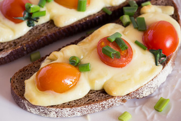 Fototapeta na wymiar Multigrain toast bread with melt gouda or kaseri cheese and small tomatoes and green onion on top 
