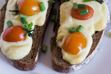 Multigrain toast bread with melt gouda or kaseri cheese and small tomatoes and green onion on top 
