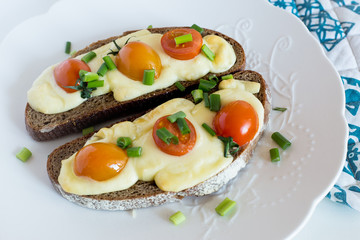 Multigrain toast bread with melt gouda or kaseri cheese and small tomatoes and green onion on top 