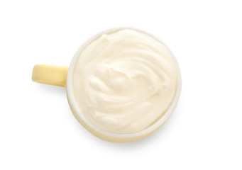 Cup of tasty yogurt on white background