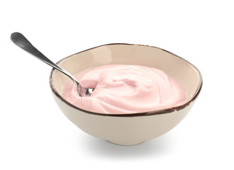 Bowl of tasty yogurt on white background
