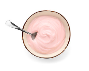Bowl of tasty yogurt on white background