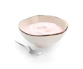 Bowl of tasty yogurt on white background