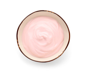 Bowl of tasty yogurt on white background