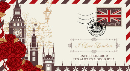 Vector postcard or envelope with Big Ben in London, red roses and inscription I love London. Retro postcard with postmark in form of royal coat of arms and postage stamp with UK flag