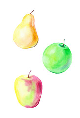 Watercolor illustration of red Apple, green Apple and pear . Pattern isolated on white background