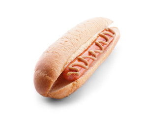 Tasty hot dog on white background