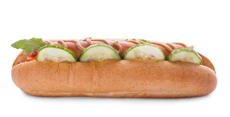 Tasty hot dog on white background