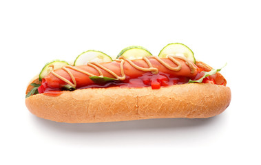 Tasty hot dog on white background