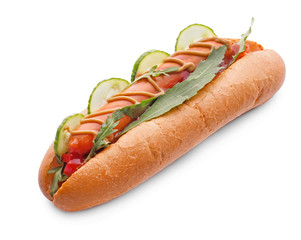 Tasty hot dog on white background