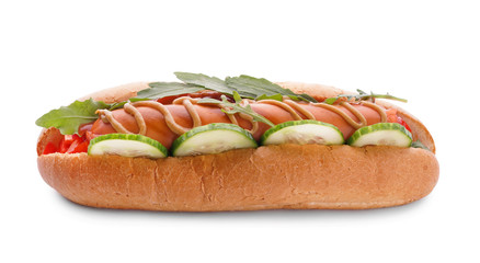 Tasty hot dog on white background