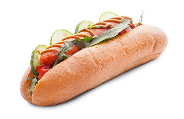 Tasty hot dog on white background
