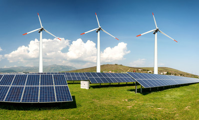 Photo collage of solar panels and wind turbins - concept of sustainable resources - Image