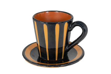 Coffee mug with saucer on white background.