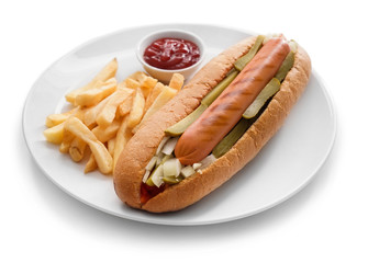 Plate with tasty hot dog and french fries on white background