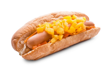 Tasty hot dog on white background