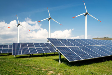 Photo collage of solar panels and wind turbins - concept of sustainable resources - Image