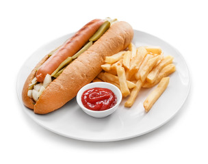 Plate with tasty hot dog and french fries on white background