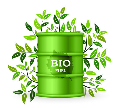 Metal barrel with bio fuel and green tree. Vector illustration