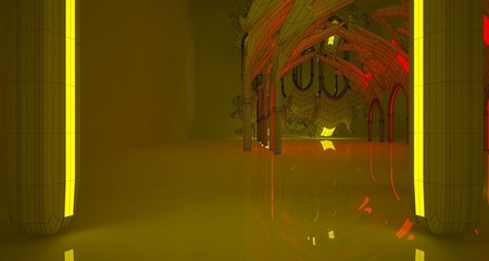 Abstract  white Futuristic Sci-Fi Gothic interior With Yellow And Red Glowing Neon Tubes . 3D illustration and rendering.