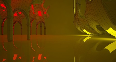 Abstract  white Futuristic Sci-Fi Gothic interior With Yellow And Red Glowing Neon Tubes . 3D illustration and rendering.